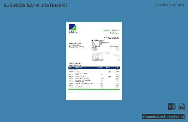 Beispiel eines Kontoauszugs für ein Unternehmen der Fidelity Bank in Nigeria (Word- und PDF-Datei)